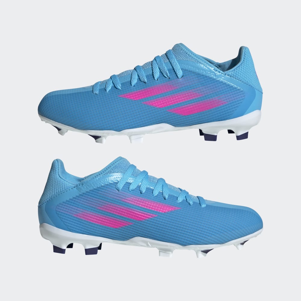 Botas de terreno firme adidas X Speedflow 3 FG J para niños Sky Rush/Rosa