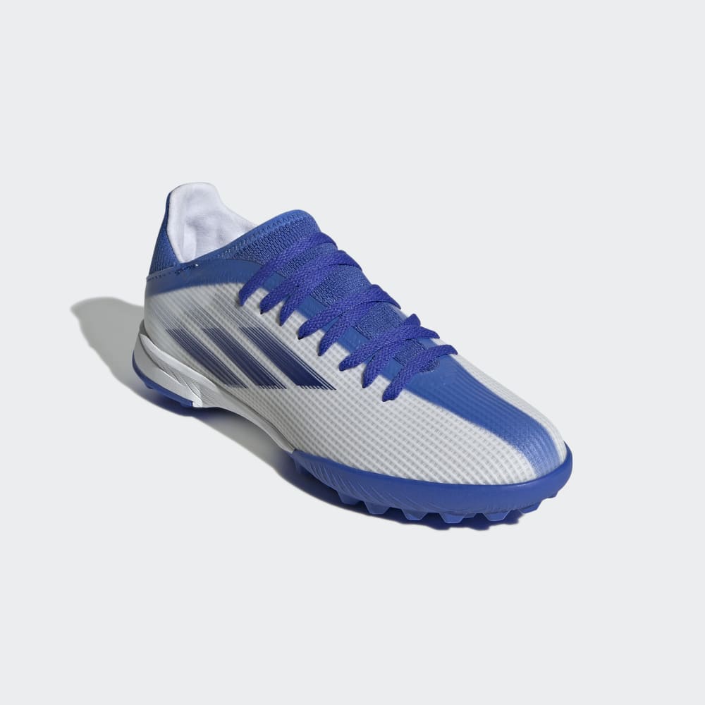 Zapatos de fútbol adidas X Speed ​​Flow.3 TF J para niños, color blanco y azul