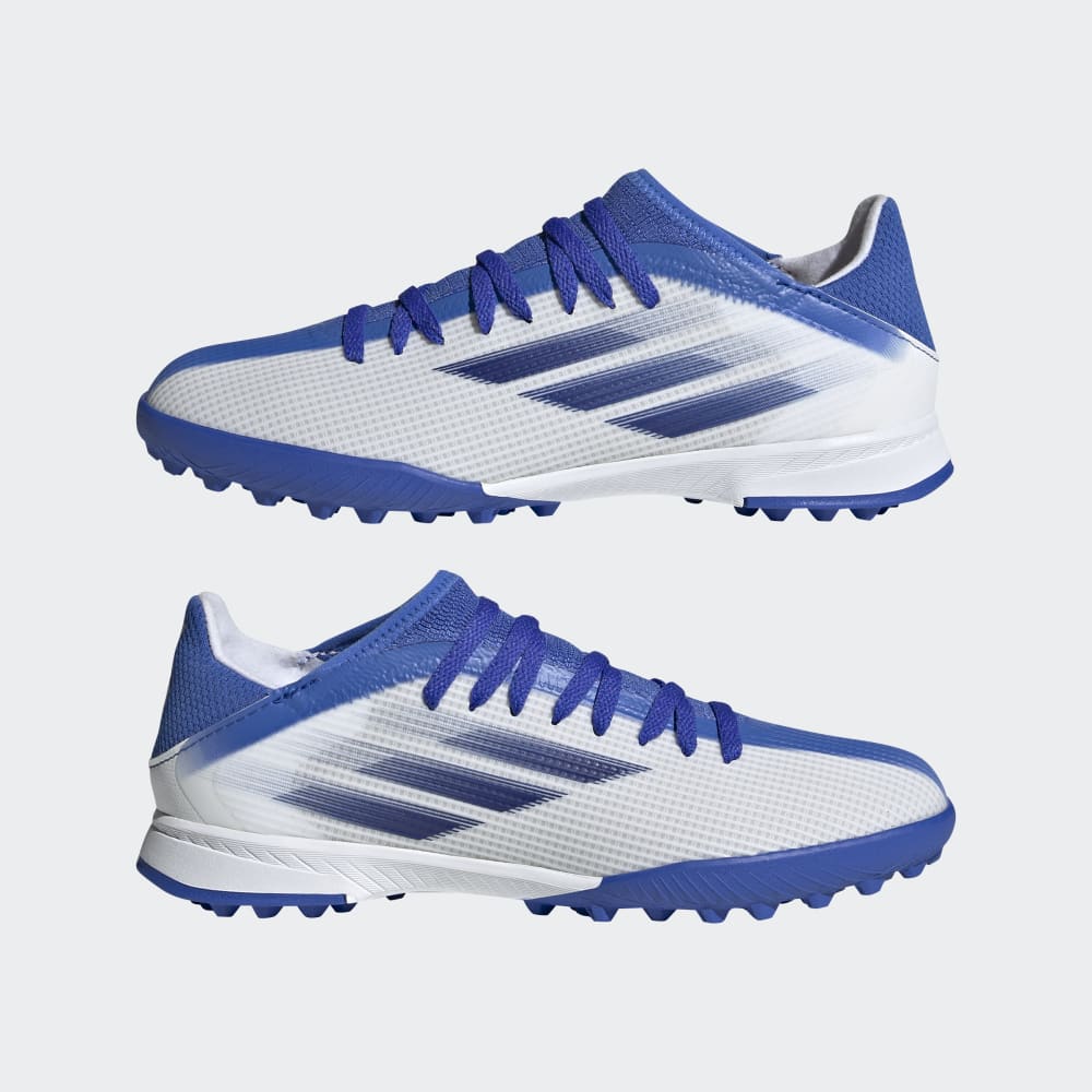 Zapatos de fútbol adidas X Speed ​​Flow.3 TF J para niños, color blanco y azul