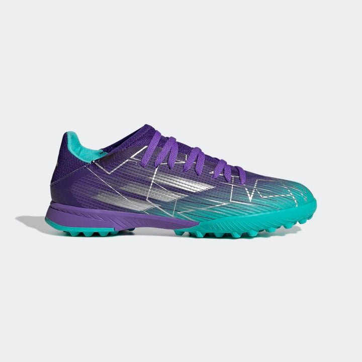 Botas de césped adidas X Speed ​​Flow 3 TF J para niños, color morado y plateado