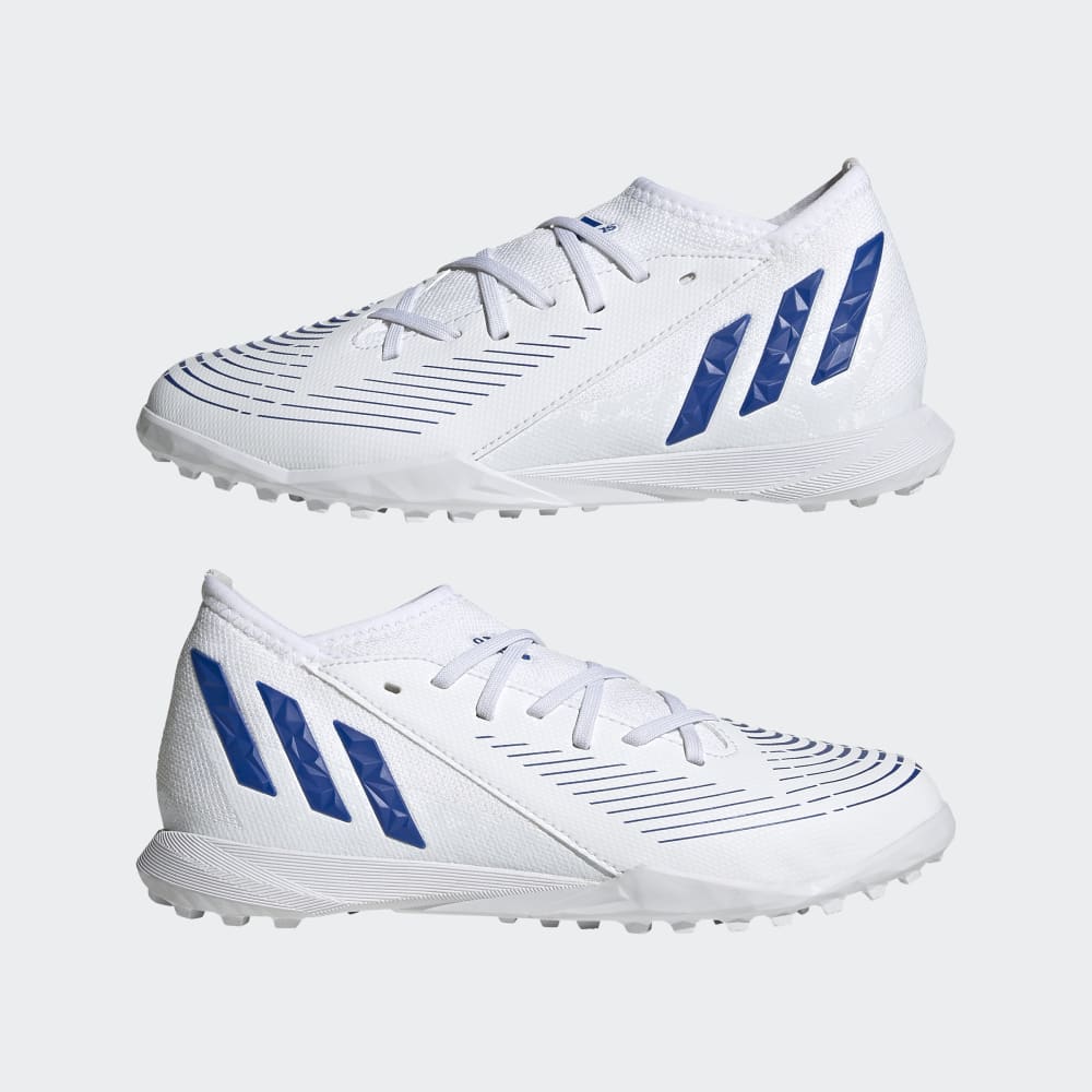 Botas de fútbol adidas Predator Edge 3 TF J para niños, color blanco y azul