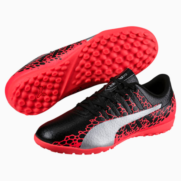 Botas de fútbol para césped Puma Evopower Vigor 4 Graph TT Jr para niños, color negro, plateado y coral ardiente